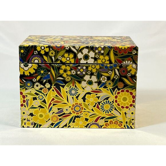 Vintage J Chein Metal Retro Recipe Box Flower Power Floral Black Gold USA MCM - Picture 1 of 10